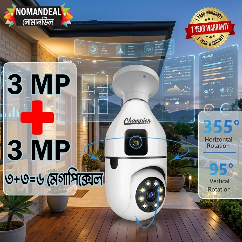 Dual Lens 3+3 Bulb Holder Camera V380 Pro Apps 1080p full Hd Regulation cctv camera